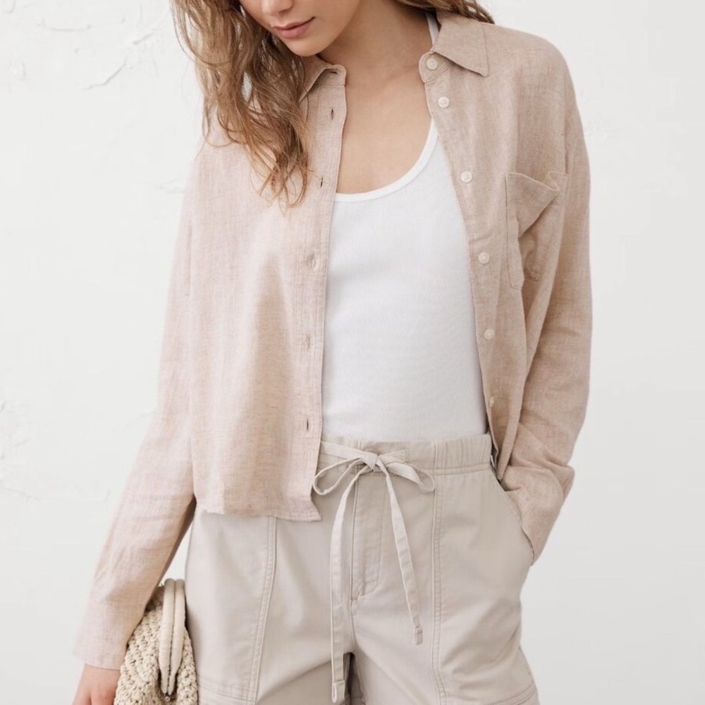 Banana Republic Cropped‎ Linen Blend Shirt Flax Beige Medium New With Tags